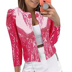 Damen Pailletten Cardigan Jacke Langarm Glitzer Bomberjacke Party Club Jacke Pailletten-Blazer Damen Elegant Tailliert Anzugjacke Glitzer Tops Kurz Oberteile Blazer Glitzer Outfits (Hot Pink, XXL) von YUHYtop