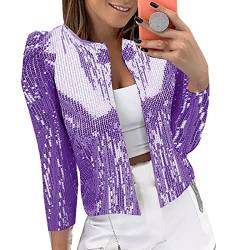 Damen Pailletten Cardigan Jacke Langarm Glitzer Bomberjacke Party Club Jacke Pailletten-Blazer Damen Elegant Tailliert Anzugjacke Glitzer Tops Kurz Oberteile Blazer Glitzer Outfits (Purple, M) von YUHYtop