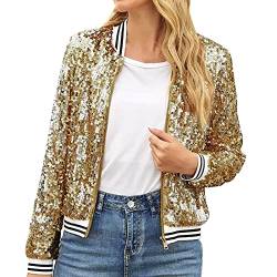 Damen Pailletten Cardigan Jacke Langarm Glitzer Bomberjacke Party Club Jacke Pailletten Jacke Damen Elegant Tailliert Anzugjacke Glitzer Tops Kurz Oberteile Glitzer Outfits Clubwear (Y5-Gold, S) von YUHYtop