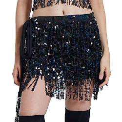 Damen Rock Pailletten Quasten Rock Bauchtanz Kostüm Bauchtanz Mini Rock für Damen Fransenrock Rock für Hüftschal Club Kostüm Festival Outfit Wrap Fransen Röcke für Frauen und Mädchen (Black, One Size) von YUHYtop