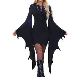 Halloween Kostüm Damen, Gothic Mittelalter Kleidung Damen Festliches Langarm Fledermaus Kleid Elegant Bodycon Etuikleid V-Ausschnitt Rockabilly Kleider Cosplay Vampir Kostüm Steampunk Minikleid von YUHYtop