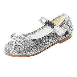 YUKQEYLE Mädchen Tanzschuhe Mary Jane Prinzessin Schuhe Flacher Boden Kinder Glitzer Schuhe Ballerinas Kristall Sandalen Hochzeit Schule Sandalen Partei(25EU-Silber) von YUKQEYLE