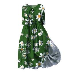 Damen Kleider Elegant V-Ausschnitt 3/4 Arm Leinenkleid Bohemian Blumen Sommerkleider A-Linie Strandkleid Casual Midi Kleid mit Taschen Lose Freizeitkleid Knielang Blumenkleid von YULONGESS