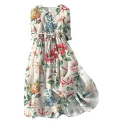 Damen Kleider Elegant V-Ausschnitt 3/4 Arm Leinenkleid Bohemian Blumen Sommerkleider A-Linie Strandkleid Casual Midi Kleid mit Taschen Lose Freizeitkleid Knielang Blumenkleid von YULONGESS