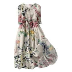 Damen Kleider Elegant V-Ausschnitt 3/4 Arm Leinenkleid Bohemian Blumen Sommerkleider A-Linie Strandkleid Casual Midi Kleid mit Taschen Lose Freizeitkleid Knielang Blumenkleid von YULONGESS