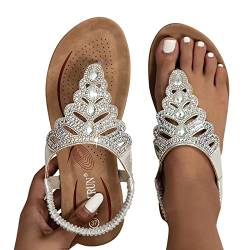 Flache Sandalen Damen Sommer Boho Strasssteine Glitzer T-Riemen Strandsandalen Freizeit Bequeme Zehentrenner mit Weiche Fußbett Mode Strand Offene Zehe Sandaletten Flip Flops Elegant Sommerschuhe… von YULONGESS