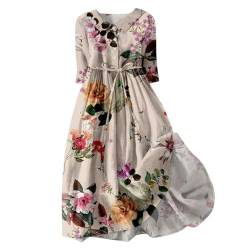 Strandkleid Damen Sommer Leinenkleid 3/4 Ärmel V-Ausschnitt Sommerkleid Boho Blumenkleid A-Linie Casual Midikleid Blumenmuster Freizeitkleider Wickelkleid mit Taschen von YULONGESS