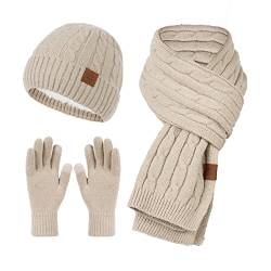 YULONGESS Damen Winter Warm Beanie Mütze und Touchscreen Handschuhe Set Herren Damen Mützen Strickmütze Schlauchschal Winterhandschuhe 3-Teilig Winterset von YULONGESS