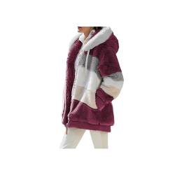 YULONGESS Fleecemantel Damen,mit Fellkapuze Fuzzy Hoody Warme Futter Teddy Jacken Patchwork Zipper Sweatjacke Taschen mittellanger Kapuzenjacke College Jacke Pullover Oberteile Mode Übergangsjacke von YULONGESS