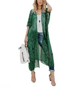 YULOONG Damen Flowy Kimono Floral Cardigan Open Front Maxikleid Loose Beach Coverups Chiffon Badeanzug Cover Up Plus Size A 3XL von YULOONG