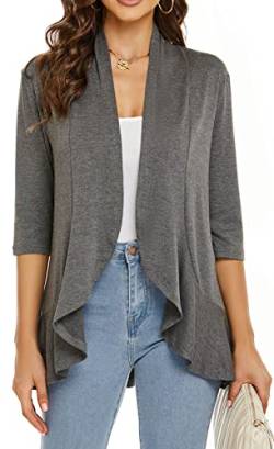 YULOONG Damen Herbst Cardigan Einfarbig Sommer Lässig Leicht Vertuschungen 3/4 Ärmel Vorne Offen Drapiert Rüschen Frühling Top Grau 2XL von YULOONG