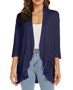 YULOONG Damen Herbst Cardigan Einfarbig Sommer Lässig Leicht Vertuschungen 3/4 Ärmel Vorne Offen Drapiert Rüschen Frühling Top Navyblau 2XL von YULOONG