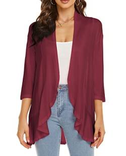 YULOONG Damen Herbst Cardigan Einfarbig Sommer Lässig Leicht Vertuschungen 3/4 Ärmel Vorne Offen Drapiert Rüschen Frühling Top Rot XL von YULOONG