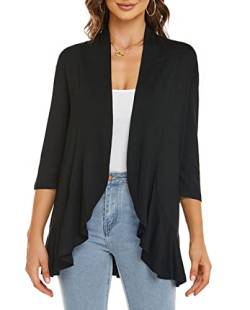 YULOONG Damen Herbst Cardigan Einfarbig Sommer Lässig Leicht Vertuschungen 3/4 Ärmel Vorne Offen Drapiert Rüschen Frühling Top Schwarz 3XL von YULOONG