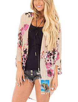 YULOONG Damenmode Bademode Vertuschung Chiffon Blumendruck Kimono Lose Schal Strickjacke Sommer Bluse Bademode Capes, Beige, L von YULOONG