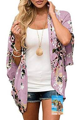 YULOONG Damenmode Bademode Vertuschung Chiffon Blumendruck Kimono Lose Schal Strickjacke Sommer Bluse Bademode Capes, Dunkelpink, M von YULOONG