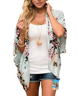 YULOONG Damenmode Bademode Vertuschung Chiffon Blumendruck Kimono Lose Schal Strickjacke Sommer Bluse Bademode Capes, Grün, L von YULOONG