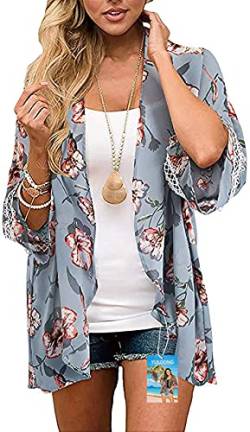 YULOONG Damenmode Bademode Vertuschung Chiffon Blumendruck Kimono Lose Schal Strickjacke Sommer Bluse Bademode Capes,A Grau,L von YULOONG