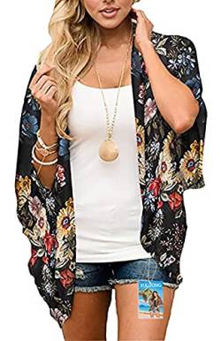 YULOONG Damenmode Bademode Vertuschung Chiffon Blumendruck Kimono Lose Schal Strickjacke Sommer Bluse Bademode Capes,Schwarz C,3XL von YULOONG