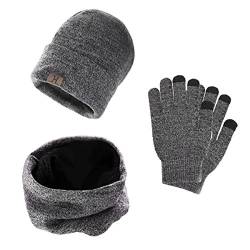 YULOONG Mütze Schal Handschuhe Set, 3 in 1 Winter Wolle Strickmütze Schal Touchscreen Handschuhe für Männer Frauen von YULOONG