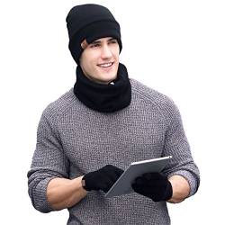 YULOONG Mütze Schal Handschuhe Set, 3 in 1 Winter Wolle Strickmütze Schal Touchscreen Handschuhe für Männer Frauen von YULOONG