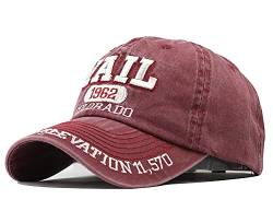 YULOONG Vintage Baseball Cap Stickerei Vail Washed Denim Trucker Cap 100% Baumwolle Sonnenhut für Herren Damen Verstellbare Größe Rot von YULOONG