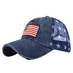 YULOONG Vintage Half Mesh Baseball Cap Stickerei USA Flag Stars Washed Denim Trucker Cap Cotton Sun Hat Adjustable Unisex Blau von YULOONG