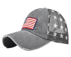 YULOONG Vintage Half Mesh Baseball Cap Stickerei USA Flag Stars Washed Denim Trucker Cap Cotton Sun Hat Adjustable Unisex Grau von YULOONG