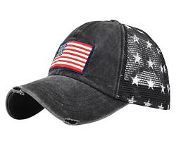 YULOONG Vintage Half Mesh Baseball Cap Stickerei USA Flag Stars Washed Denim Trucker Cap Cotton Sun Hat Adjustable Unisex Schwarz von YULOONG