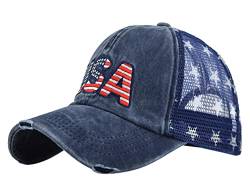 YULOONG Vintage Half Mesh Baseball Cap Stickerei USA Stars Washed Denim Trucker Cap Cotton Sun Hat Adjustable Unisex Blau von YULOONG