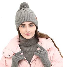 YULOONG Winter Beanie Mütze Schal Touchscreen Fahrhandschuhe für Damen Rippstrick 3 in 1 Set Grau von YULOONG
