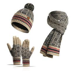 YULOONG Winter Beanie Mütze Schal Touchscreen Handschuhe 3 in 1 Set für Damen Rippstrick Beige von YULOONG