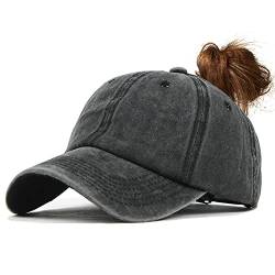 YULOONG Womens Baseball Cap Messy Bun Pferdeschwanz Vintage Denim Ponycaps Verstellbare Baumwolle Sommer Sonnenhut Polo-Stil Klassische Sport Lässige Schirmmütze (C-Schwarz) von YULOONG