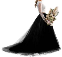 Damen Hochzeit Langer Maxi Tüll Rock Bodenlang mit langem Zug Braut Overskirt, schwarz, L/XL von YULUOSHA