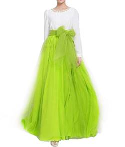 Damen Lange Tüllrock Bodenlang Maxi Puffy Rock A-Line Bowknot gürtel hohe tailliertes für Hochzeitsfeier Abend (Fluorescent Green, Medium,EU 36-48) von YULUOSHA