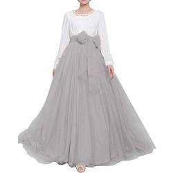 Langer Maxi-Tüll-Rock für Damen, bodenlang, A-Linie, Gürtel mit Schleife, hohe Taille, für Hochzeit, Party, Ausgehabend, personalisierbar - Grau - 16/26W von YULUOSHA