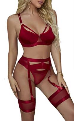 YUNAR Sexy Bügel Boudoir Strumpfband Dessous 4-teiliges Set Strapsgürtel Outfit, Weinrot, XX-Large von YUNAR