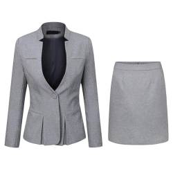 Damen 2-teiliges Business-Rock-Anzug-Set, Bürodame, schmale Passform, Blazer und Rock, Blazer und Rock hellgrau, Mittel von YUNCLOS