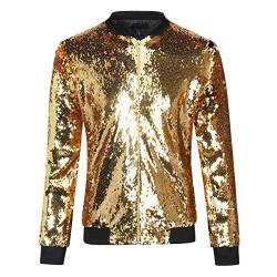 Damen Pailletten Jacke Casual Langarm Front Reißverschluss Party Bomber Blazer - Gold - Medium von YUNCLOS