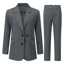 YUNCLOS Damen 2 Stück Hosenanzug Jacke Arbeit Büro Blazer Damen Langarm Anzug Jacke und Hose, grau, 34 von YUNCLOS