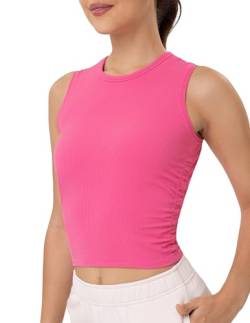 YUNOGA Ärmelloses Damen-Workout-Top, Rundhalsausschnitt, bauchfrei, gerippt, athletisches Yoga-Shirt, Knallpink (Hot Pink), Klein von YUNOGA