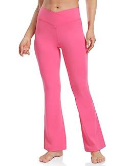 YUNOGA Damen Crossover Flare Leggings Hohe Taille Bootcut Yogahose Workout Casual Bell Bottom Hose, Knallpink (Hot Pink), S von YUNOGA