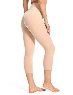 YUNOGA Damen-Leggings, ultraweich, hohe Taille, nahtlos, Bauchkontrolle, Yoga, Caprihose, 53,3 cm Schrittlänge, Sand, X-Klein von YUNOGA