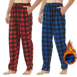 2er Pack Schlafanzughose Herren Lang Fleece Karierte Pyjamahose Winter Warm Pyjama Hose Soft Freizeithose Weihnachts Pyjama mit Taschen und Kordelzug, Rotes Plaid + Schwarzes Weißes Plaid Größe L von YUSHOW