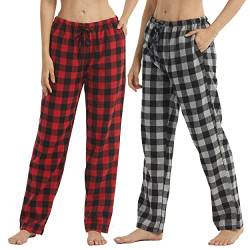 YUSHOW 2er Pack Pyjamahose Damen Lang Baumwolle Flanell Karierte Schlafanzughose Winter Weich Nachtwäsche Hose Freizeithose mit Taschen und Kordelzug, Grau Schwarz Kariert+Rot Schwarz Kariert Größe L von YUSHOW