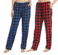 YUSHOW 2er Pack Pyjamahose Damen Lang Baumwolle Flanell Karierte Schlafanzughose Winter Weich Nachtwäsche Hose Freizeithose mit Taschen und Kordelzug Blaues Plaid+Rotes Plaid (2er Pack) Größe S von YUSHOW