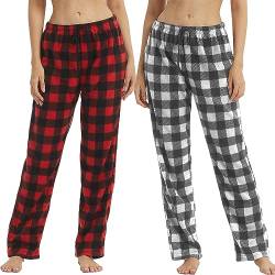 YUSHOW 2er Pack Schlafanzughose Damen Lang Fleece Karierte Pyjamahose Winter Weich Nachtwäsche Pyjama Hose Soft Freizeithose Weihnachts Pyjama mit Kordelzug Rotkariert+Graukariert(2er Pack L von YUSHOW