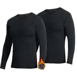 YUSHOW 2er Pack Thermounterhemd Herren Langarm Innenfleece Funktionsunterwäsche Thermo Shirt Rundhalsausschnitt Warm Thermounterwäsche Männer Kompressionsshirt Sport Skiunterwäsche,Schwarz,M von YUSHOW