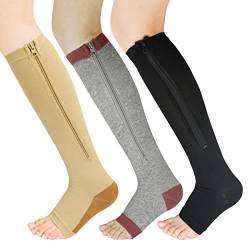 YUSHOW 3 Paar Kompressionsstrümpfe mit Reißverschluss für Damen mit offenem Zehenbereich, ohne Zehen, einfach zu kniehohen Socken, Schwarz & Braun Haut&Grau, Small-Medium von YUSHOW