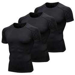 YUSHOW 3er Pack Kompressionsshirt Herren Kurzarm Sportshirt Atmungsaktiv Funktionsshirt Schnelltrocknendes Laufshirt Training Männer T Shirt Sommer Laufen Fitness Gym,Schwarz（3er Pack,L von YUSHOW